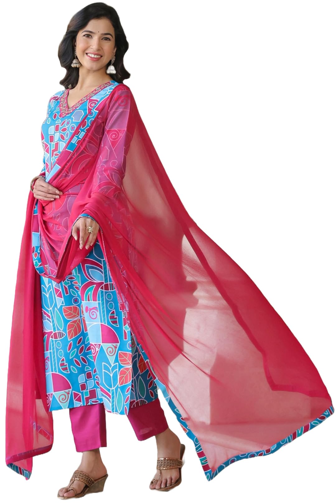 Gosriki Women'S Cotton Blend Straight Printed Kurta With Pant & Dupatta (Down-Rama Blue-Nkf-Gs_M_Blue_Medium),Blue,,B0CQPHL3CX