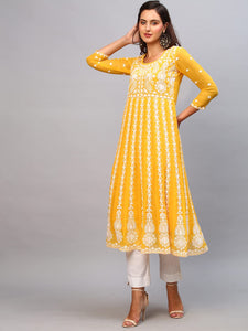 Gosriki Women'S Georgette Chikankari Embroidered Anarkali Kurti (Naav Yellow-Gs_L_Yellow_Large),Yellow,,B0BVWDK7PQ