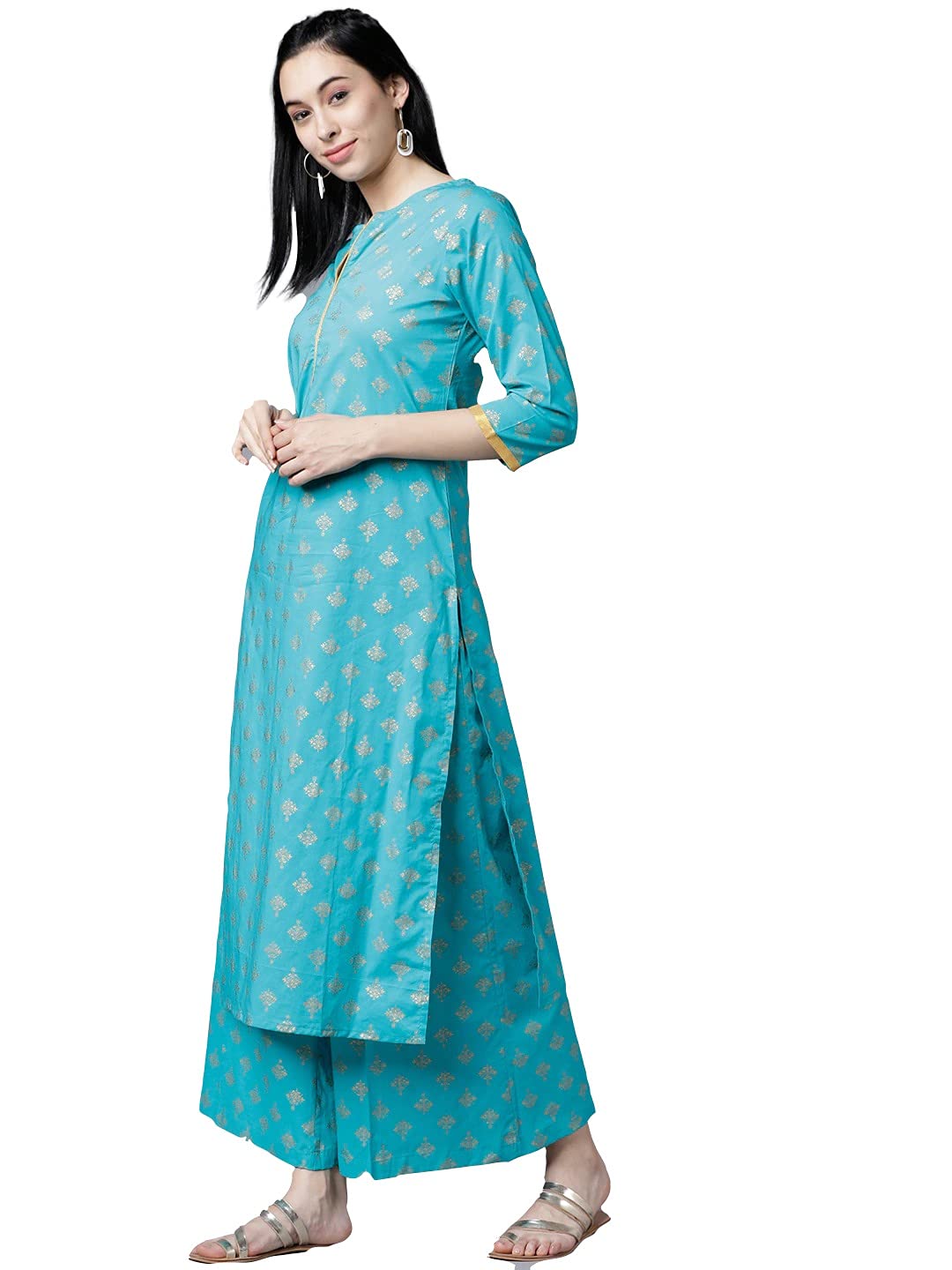 Anni Designer Women'S Cotton Gold-Toned Printed Kurti With Palazzos (Devika-Blue_M),699,M,Cotton Blend,Straight,Pants, Palazzo
