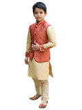 Manyavar Boys Kurta Jacket and Pajama Set, Mandarin Collar with Button Closure, Blended Silk Full Sleeve Kurta Jacket and Pajama