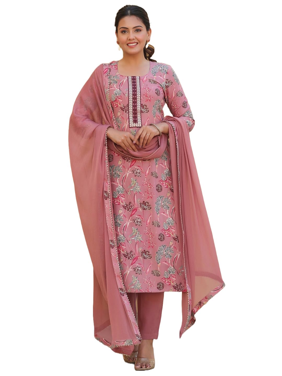 Gosriki Women'S Rayon Blend Printed Straight Kurta With Pant & Dupatta (Vice Peach-Nw-Gs_Xl_Peach_X-Large),Peach,,B0CXPDBZXV