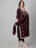 Anni Designer Women'S Cotton Blend Embroidered Straight Kurta With Pant & With Dupatta (Dalfuna Wine_S_Wine_Small),Wine,S,Cotton Blend,Regular,Dupatta
