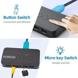 4K HDMI KVM Switch, 4 Port HDMI USB Switch for 4 Computer Share a 4K@30Hz Monitor and 3 USB Device Keyboard Mouse Printer, Inclu