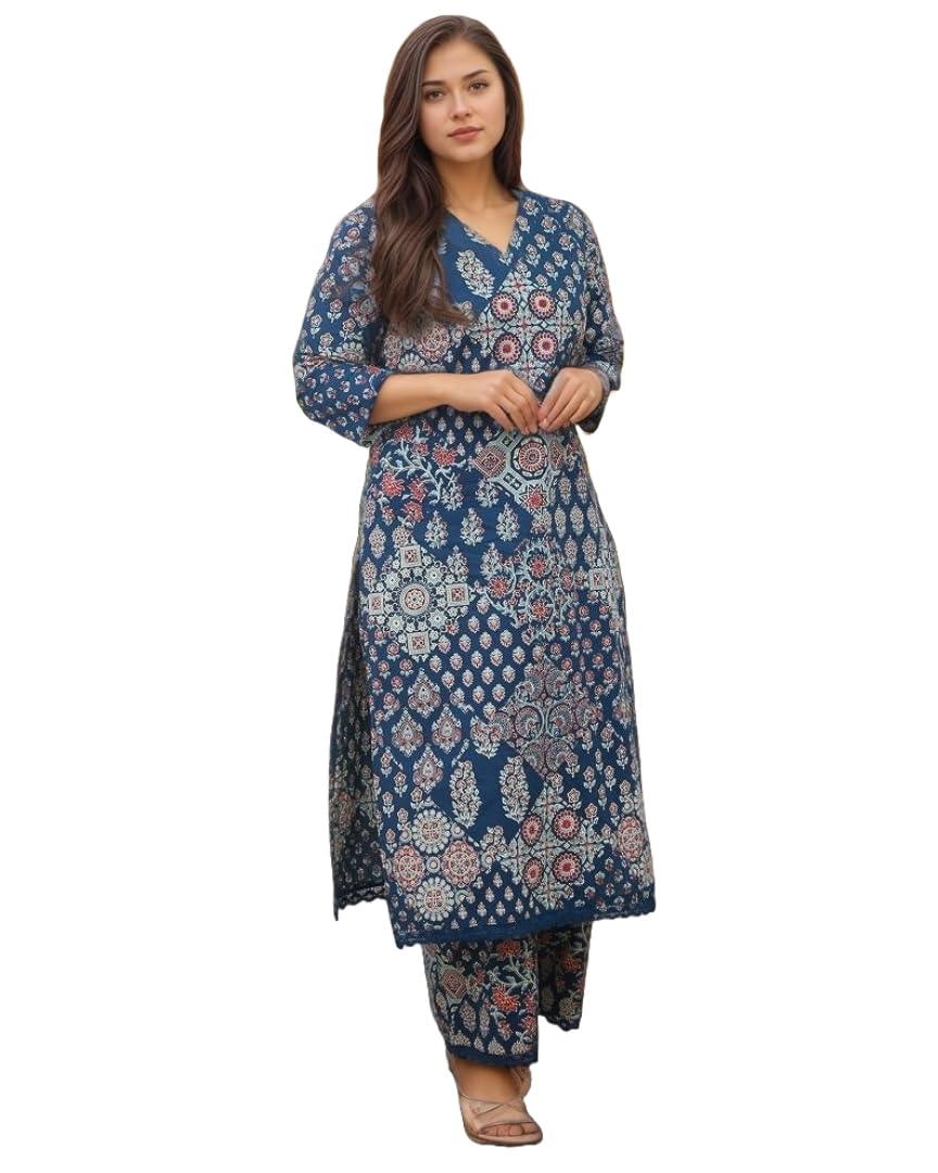 Anni Designer Women'S Rayon Viscose Straight Printed Kurta With Pant (Kadai Blue-Vks02_L_Blue_Large),Blue,L