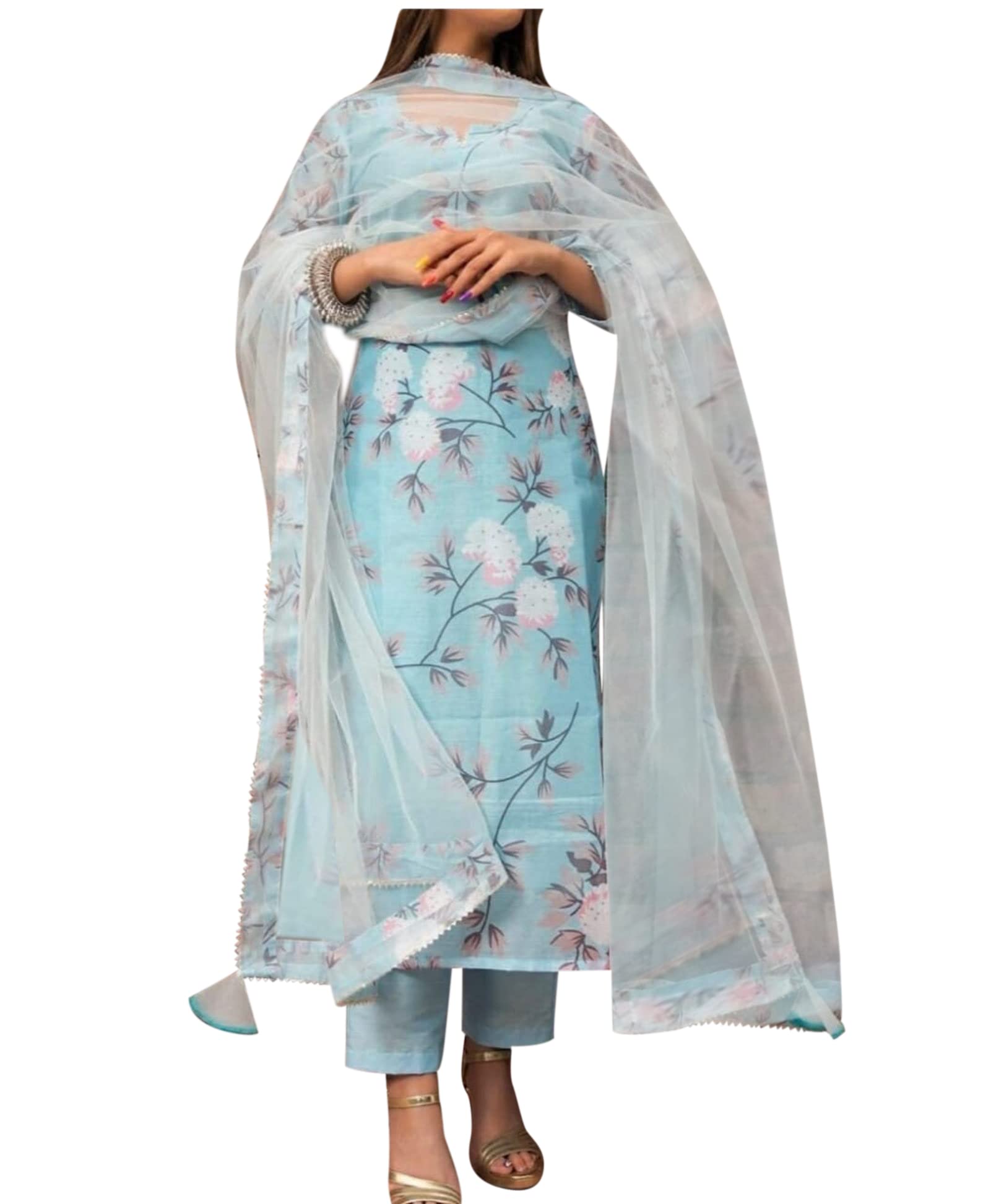 Anni Designer Women'S Cotton Blend Printed Straight Kurta With Pant & Dupatta (Itta St Blue_M_Blue_Medium),Blue,M