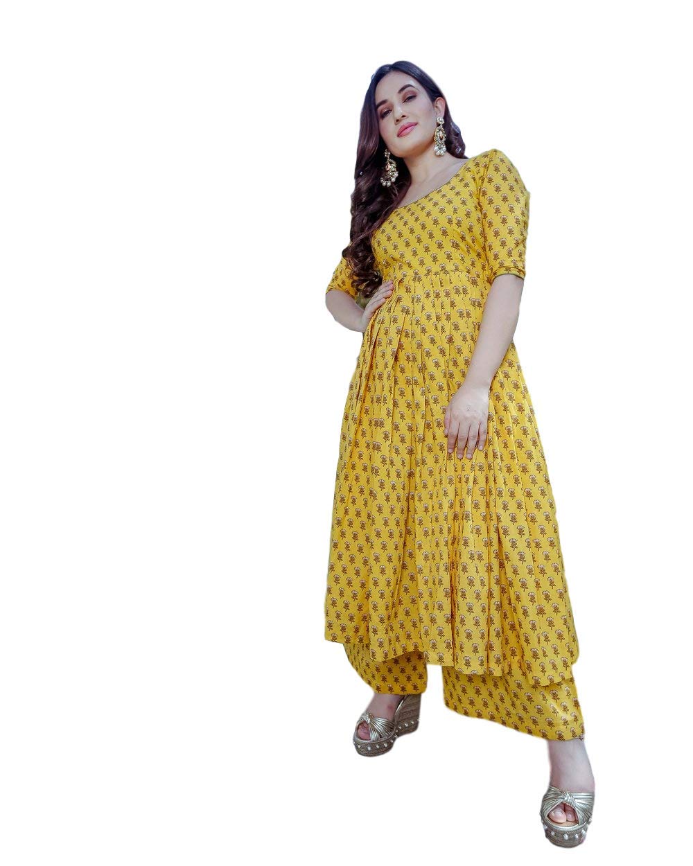 Gosriki Women'S Yellow Color Cotton Kurti With Palazzo Pant Set (Aj786-Yellow-M),Yellow,,B08316TYRG