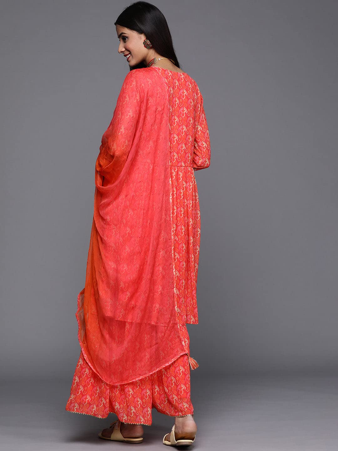 Gosriki Women'S Georgette A-Line Ethnic Motifs Printed Mirror Work Kurta With Sharara & Dupatta (Othani Orange-Gs_Xl_Orange_X-Large),Orange,,B0BJ22MVYS