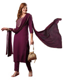 Anni Designer Women'S Rayon Blend Embroidered Straight Kurta With Pant & Dupatta (Yuvani Wine-Vks01_Xxl_Wine_Xx-Large),Wine,2XL,,,