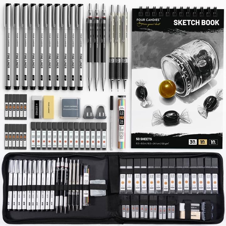 Four Candies 52pcs Art Supplies Sketching & Drawing Kit with 10 Micron Fineliner Pens, 6 Drafting Mechanical Pencils,3-Color Ske