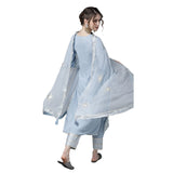 Ishin Women'S Silk Blue Gota Patti Embroidered A-Line Kurta Set With Trouser And Dupatta Blue M