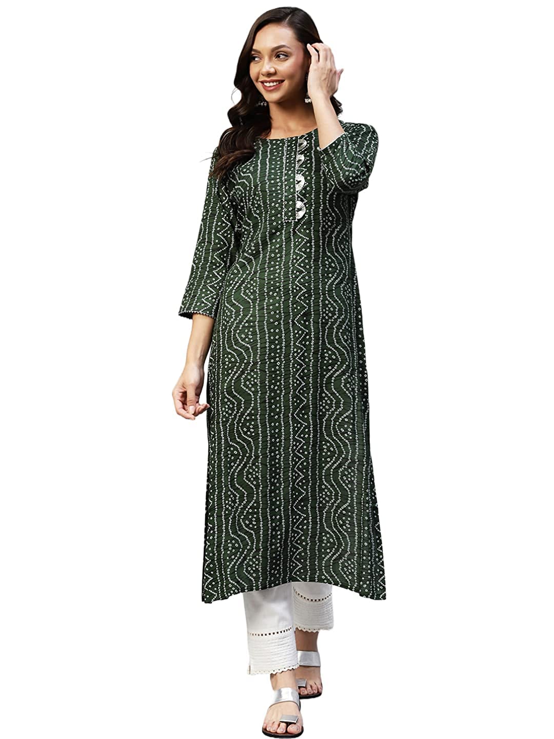 Gosriki Women'S Rayon Bandhni Printed Straight Kurta (Dmd Bandhi Green_L-Go_Green_Large),Green,,B0B9Y495TX