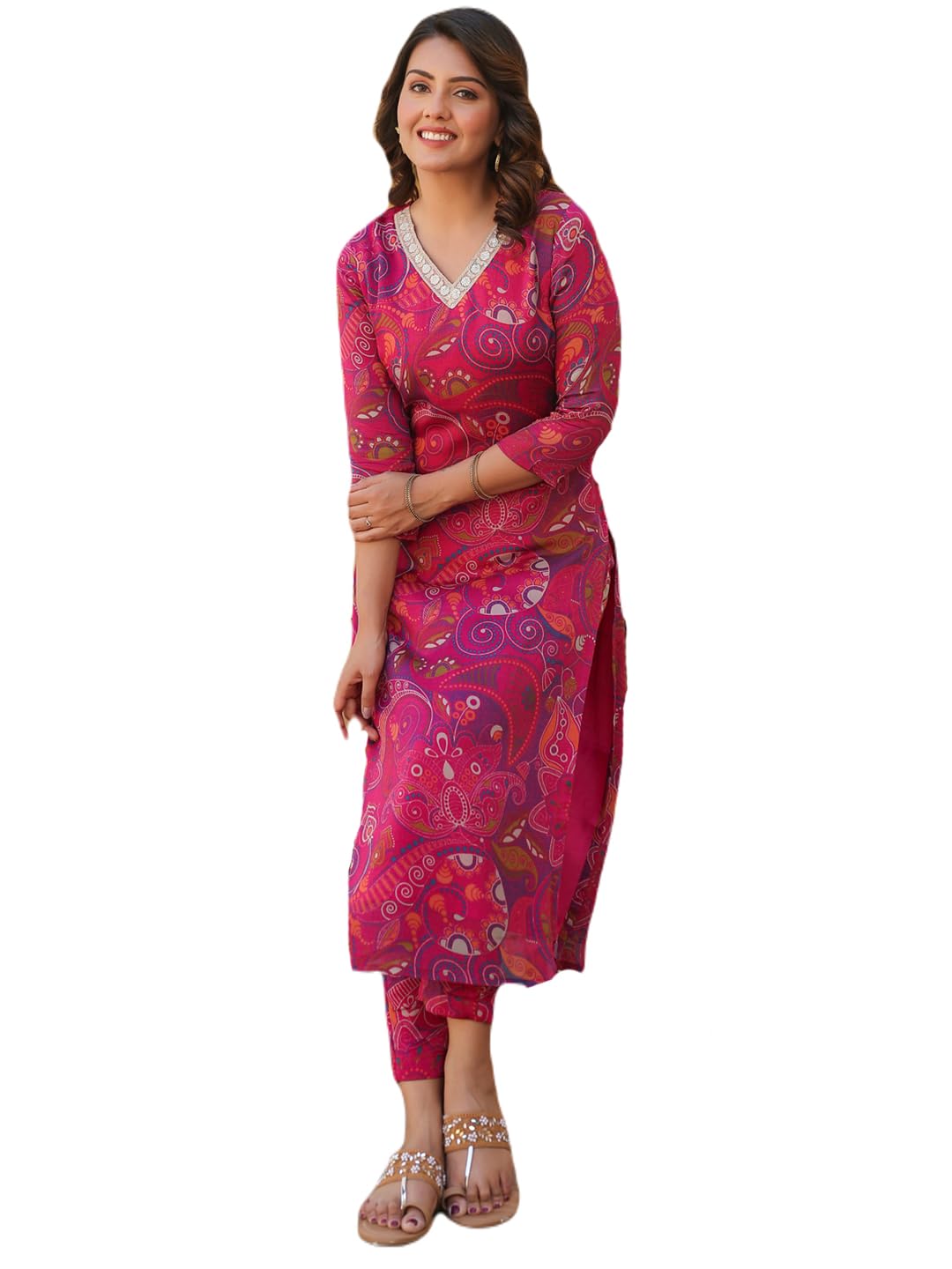 Anni Designer Women'S Rayon Blend Straight Printed Kurta With Pant (Jijaji Pink_L_Pink_Large),Pink,L