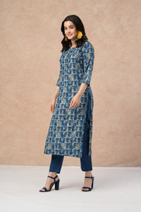 Gosriki Women'S Cotton Blend Straight Printed Kurta With Pant (Mamaji Blue-Fka-Gs_S_Blue_Small),Blue,,B0CTXGV6Z2