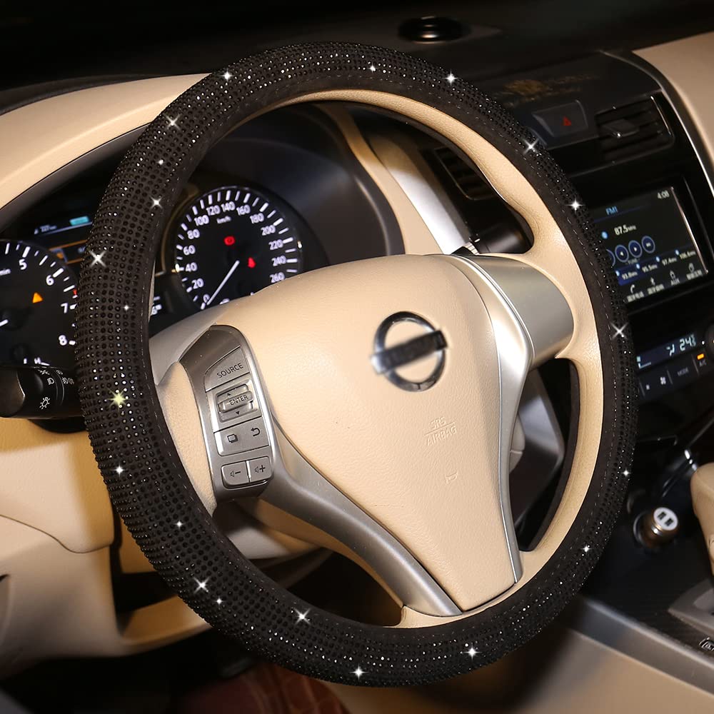 Bling Steering Wheel Cover Women Girls Black Rhinestone Car Accessories 15 Inch Universal Crystal Diamond Cool Bling Anti-Slip W