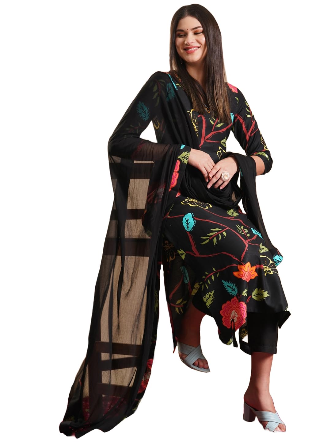 Gosriki Women'S Rayon Blend Straight Printed Kurta With Pant & Dupatta (Twig Black-Gs_Xxl_Black_Xx-Large),Black,2,B0DC6KRJN9