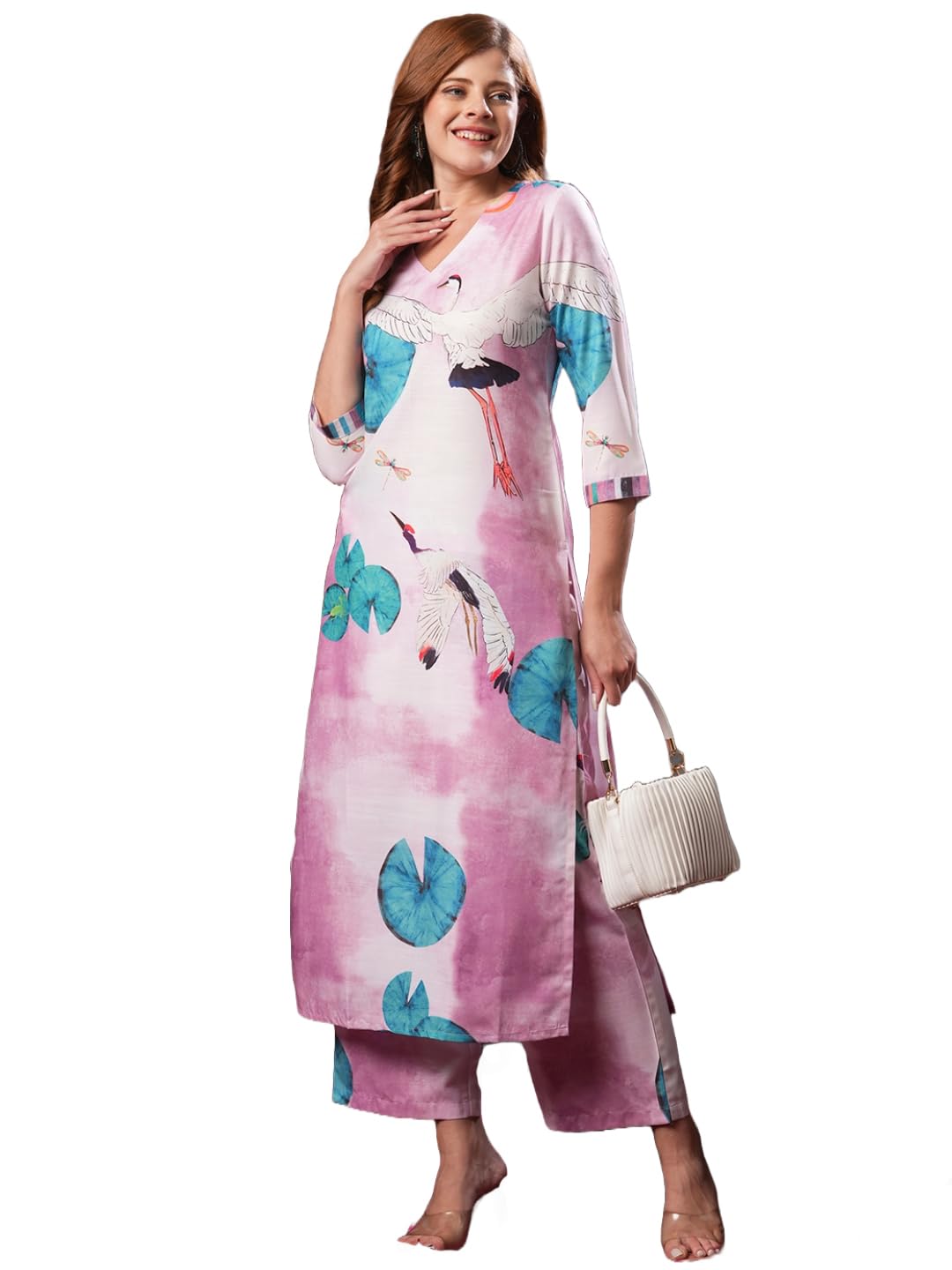 Anni Designer Women'S Cotton Blend Straight Printed Kurta With Palazzo (Swans Baby Pink_S_Baby Pink_Small),Baby Pink,S