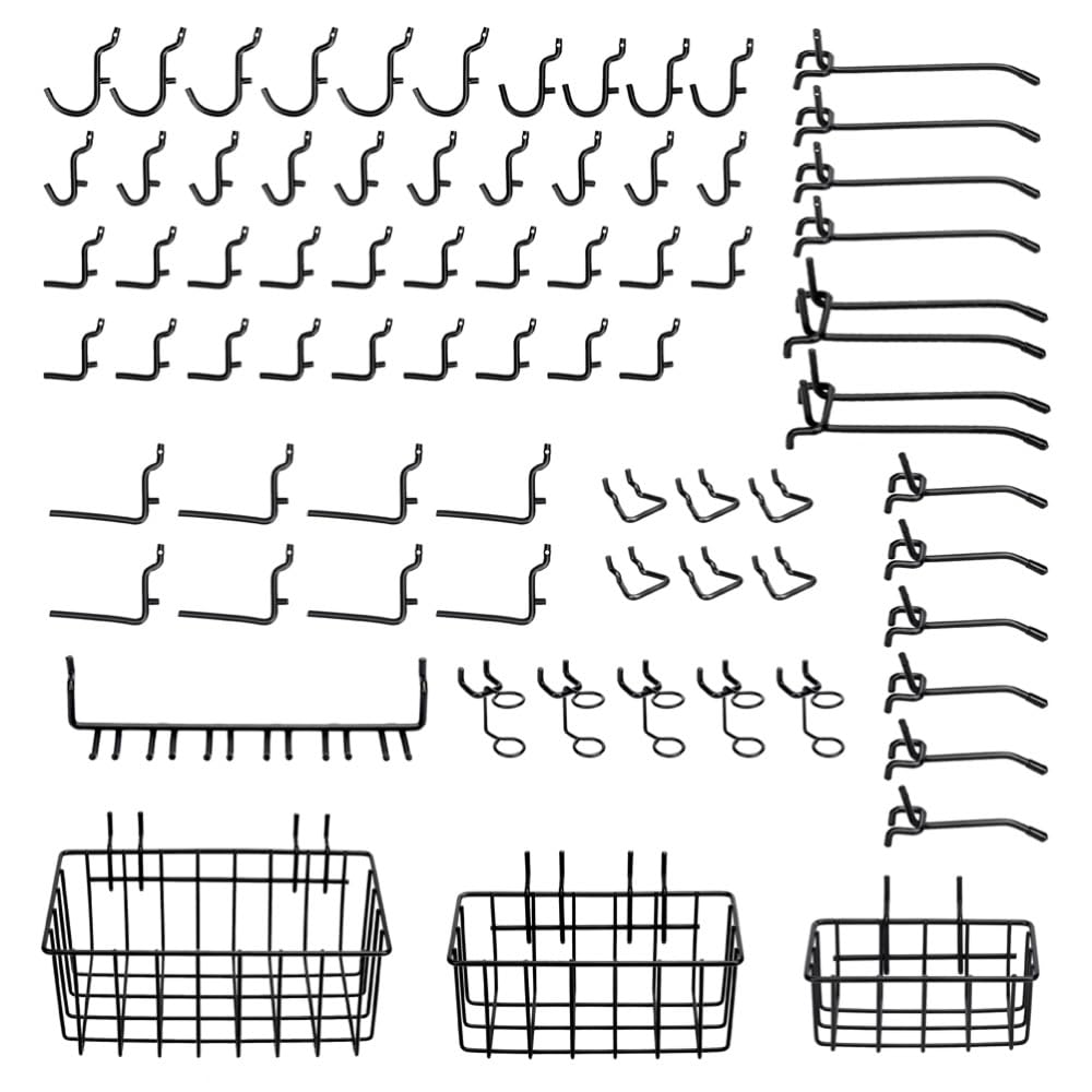 Heavy Duty Black Pegboard Hooks and Baskets for Hanging Tools, 73 Pieces 1/4'' Peg Board Accessories Peg Hooks and Bins, Peg Boa