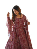 Women Floral Print Anarkali Kurta With Pant And Duptta (X-Large Maroon),Maroon,XL