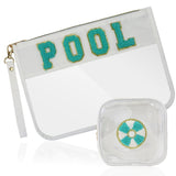 SUILU 2 Pcs Pool Bag Cosmetic Makeup Bag with Chenille Letter Patch,with Handles PVC Waterproof Clear Makeup Bag,Portable Toilet