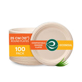 ECO SOUL 100% Compostable 10 Inch [100-Pack] Disposable Heavy Duty Eco-Friendly Dinner, Party, Wedding, Event Plates | Biodegrad