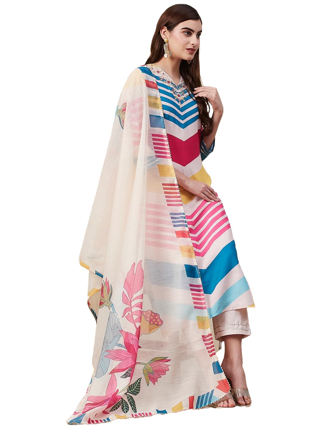 Anni Designer Women'S Cotton Blend Straight Printed Kurta With Pant & Dupatta (Dhimi Pink-Nre_S_Pink_Small),Pink,S