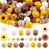 Sunrony 136Pcs Yellow White Brown Hexagon Lentil Print 12mm 14mm 15mm Silicone Beads for Keychain Making, 10mm Rhinestone Spacer