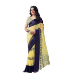 Satrani Women's Georgette Floral Printed Satin Patta Saree with Unstitched Blouse Piece (3634S117N_Light Yellow & Navy Blue)