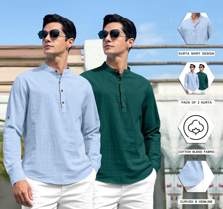 Royalscout Combo Of Men'S Solid Cotton Blend Full Sleeve Straight Kurta Shirt (Pack Of 2) Sky-Green M