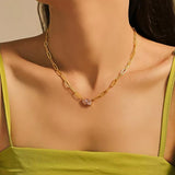 Gold Link Chain Pink Zircon Pendant Necklace for Women Heart & Square Charm 18K Gold Plated Titanium Steel Adjustable 21.2 +