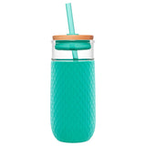 Ello Devon Glass Tumbler , Protective No Sweat Silicone Sleeve and Splash Proof Wooden Detail Lid with Straw, 18 oz