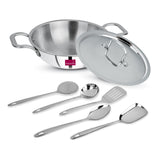 Amanda Triply Stainless Steel Kadai with Lid & 5Piece Serving Spoon Set | Induction & Gas Compatible | Durable, RustResistant,