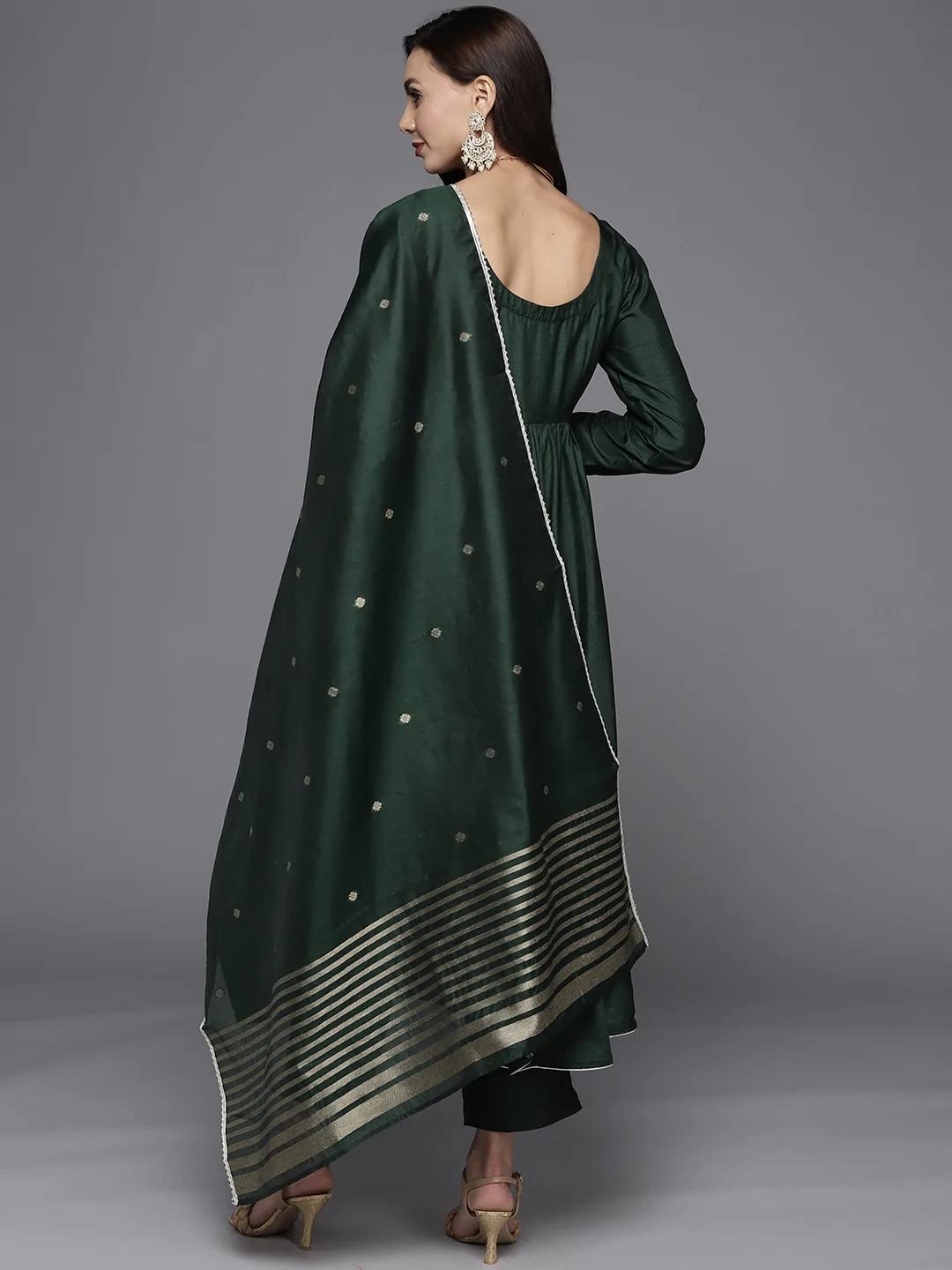 Anni Designer Women'S Cotton Silk Blend Solid Anarkali Kurta And Pant With Dupatta (Carrom Green_Xl_Green_X-Large),Green,XL,Silk Blend,Anarkali,Dupatta