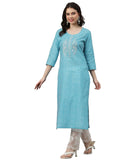 Gosriki Women'S Cotton Blend Embroidered Straight Kurta (Gaja Blue-Gs_M_Purple_Medium),Sky Blue,,B0CQHC6ZF3
