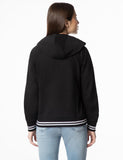 FYLTR Women's Hoodie with Stripe Rib Detail - Sporty Raglan Sleeve | Spacious Side Pockets | Full Zipper | Casual Winterwear for Women,Every Ebony