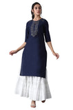W for Woman Cotton Blue Solid Kurta With Embroidery On Yoke