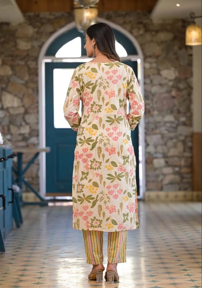 Gosriki Women'S Cotton Blend Printed Straight Kurta With Pant & Dupatta (Kumud Cream-Nw-Gs_Xl_Cream_X-Large),Cream,,B0D298W8ZS
