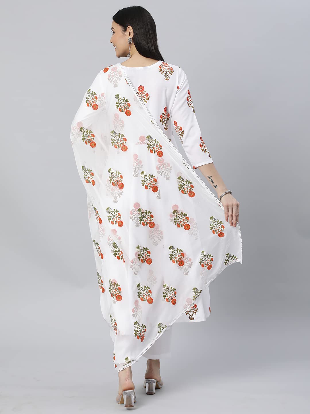 Anni Designer Women'S Georgette Anarkali Floral Printed Kurta With Pant & Dupatta (Clean-White_S_White_Small),White,S,Georgette,Anarkali,Dupatta