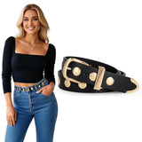 Sannidhi Belt For Women Jeans Black Pu Leather Waist Belts Gold Metal Studded Narrow Belt Adjustable Slim Punk Belts For Jeans, 