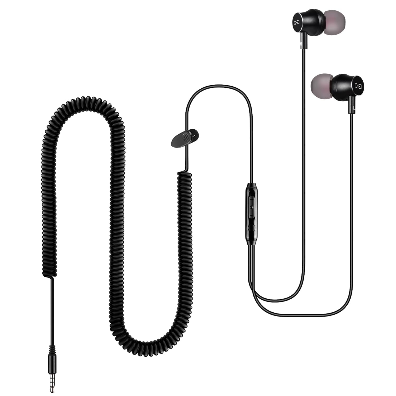 Extra Long Earbuds for TV & PC, with 12FT Spring Coiled Extension Cable, Volume Control & Mic, in-Ear Wired Headphones for 3.5mm