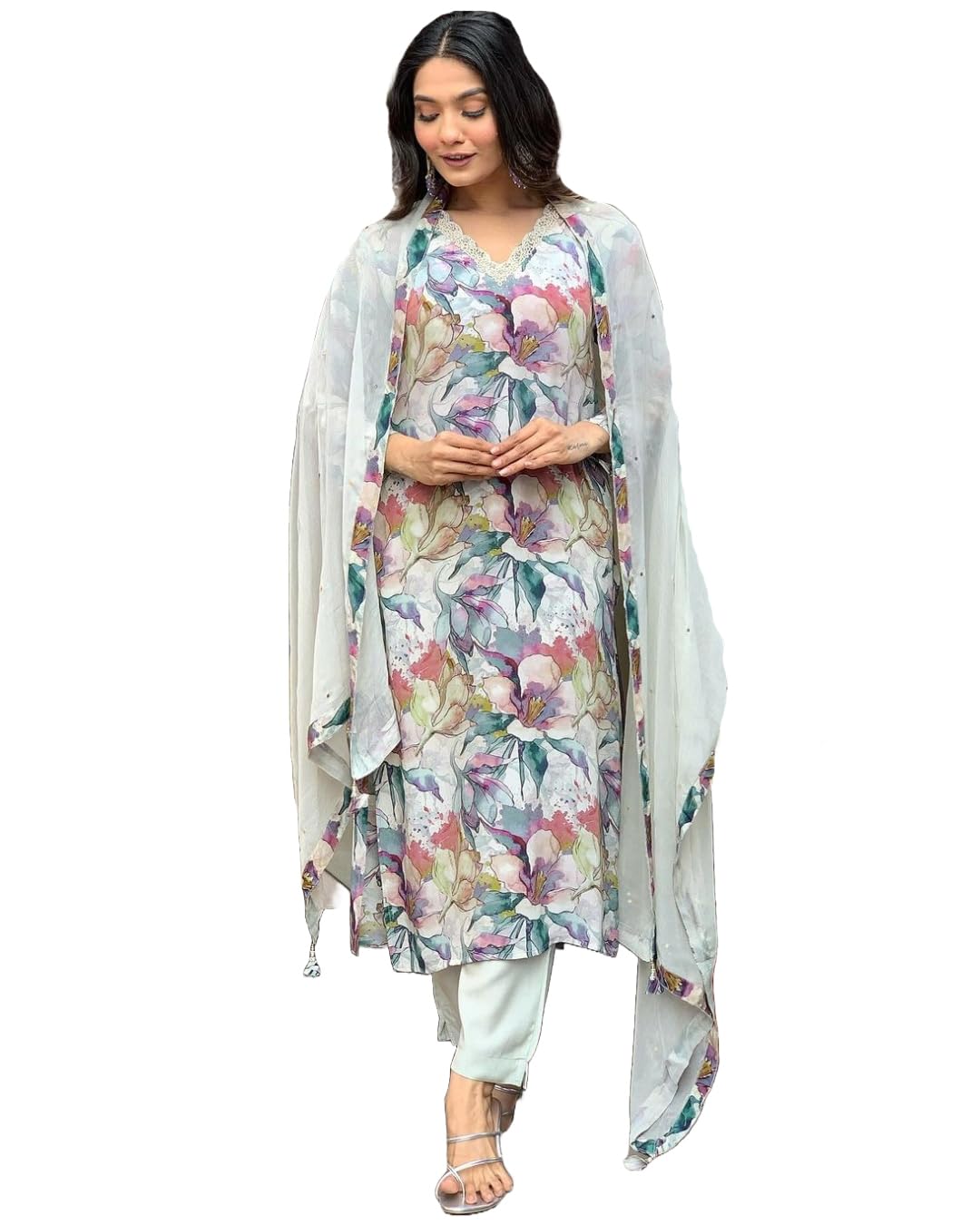 Anni Designer Women'S Cotton Blend Straight Printed Kurta With Pant & Dupatta (Habibi Grey_Xl_Grey_X-Large),Grey,XL