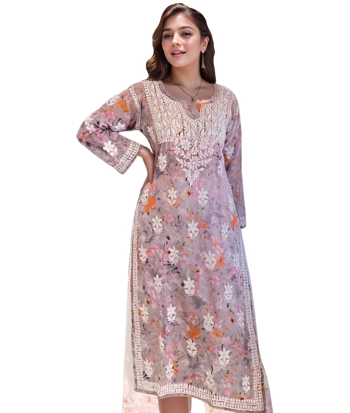 Anni Designer Women'S Rayon Viscose Printed & Chikankari Embroidered Straight Kurta (Kisrup Multi-Vks03_Xl_Grey_X-Large),Grey,XL,,,