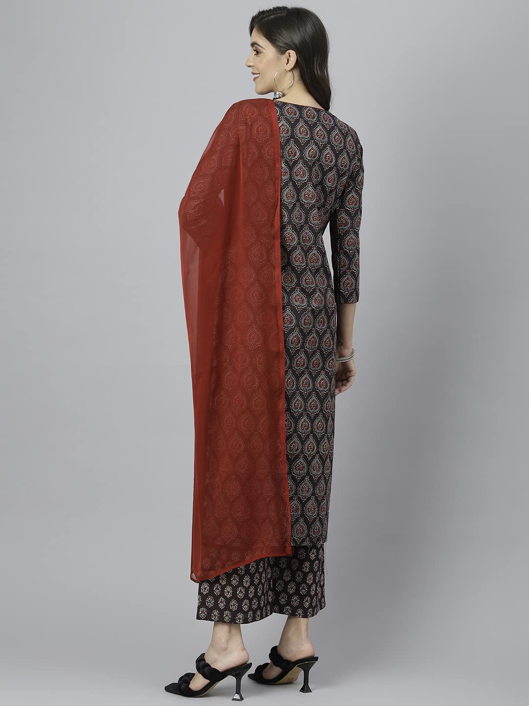 Anni Designer Women'S Cotton Blend Straight Printed Kurta With Palazzo & Dupatta (Anky Brown_L_Brown_Large),Brown,L,Cotton Blend,Straight,Dupatta, Palazzo