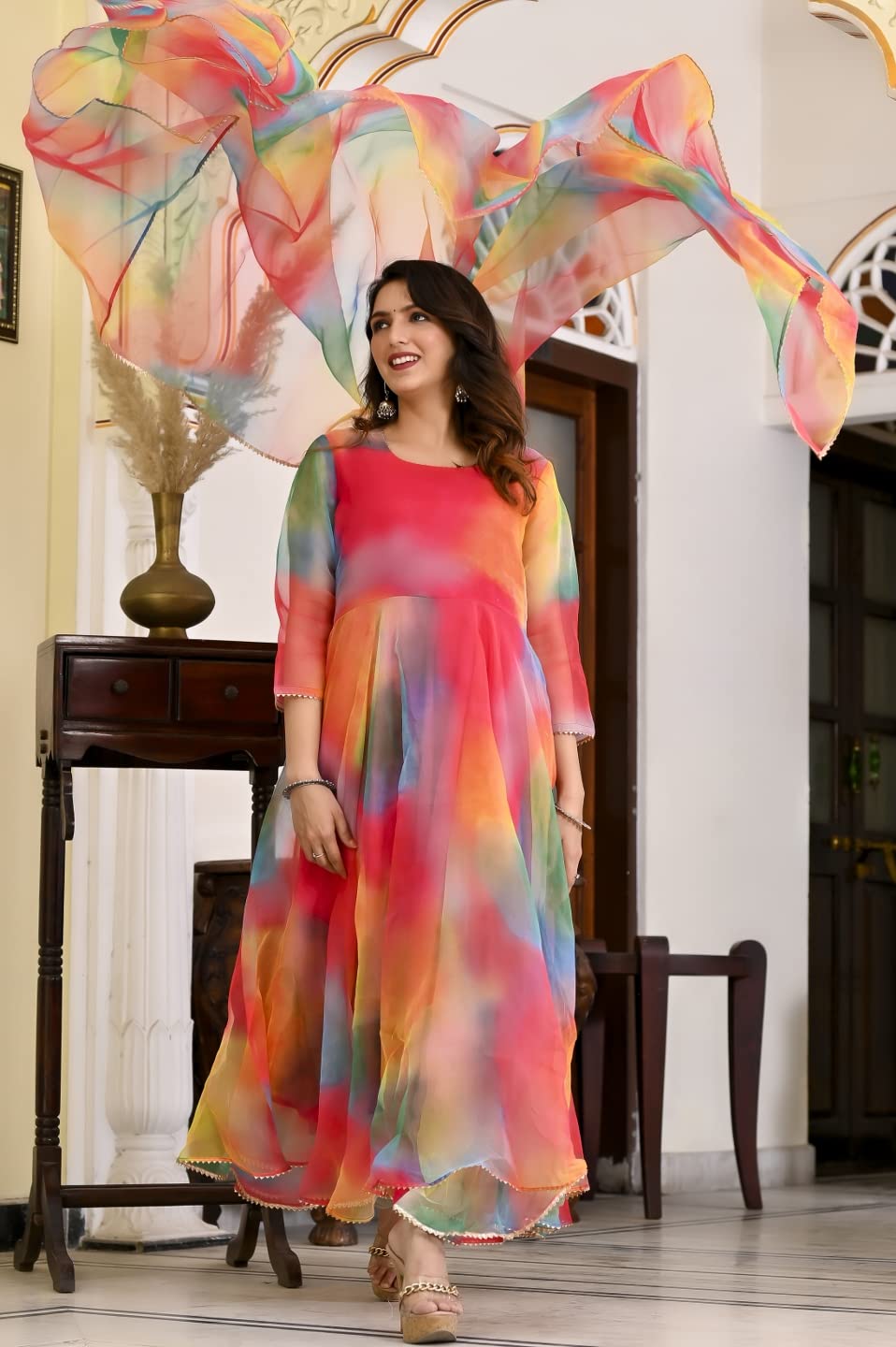 Anni Designer Women'S Organza Anarkali Floral Printed Kurta With Pant & Dupatta (Chakrika-Multi-Nw_3Xl_Multi_Xxx-Large) Multicolour,Multicolour,3XL,Organza,Anarkali,Dupatta