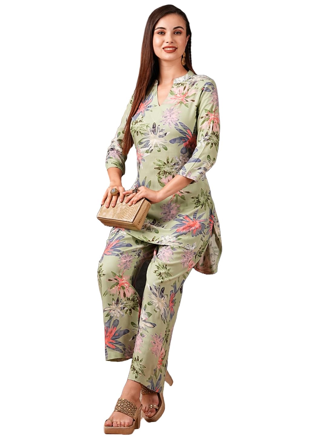 Anni Designer Women'S Cotton Blend Printed Ethnic Co-Ord Set (Ambhiya Pista-Nw_Xxl_Pista_Xx-Large),Pista,2XL