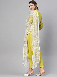 Anni Designer Women Cotton Blend Kurti Pant And Dupatta Set (White-Show Transparent_S_Transparent_S),Transparent,S,Cotton Blend,Casual,