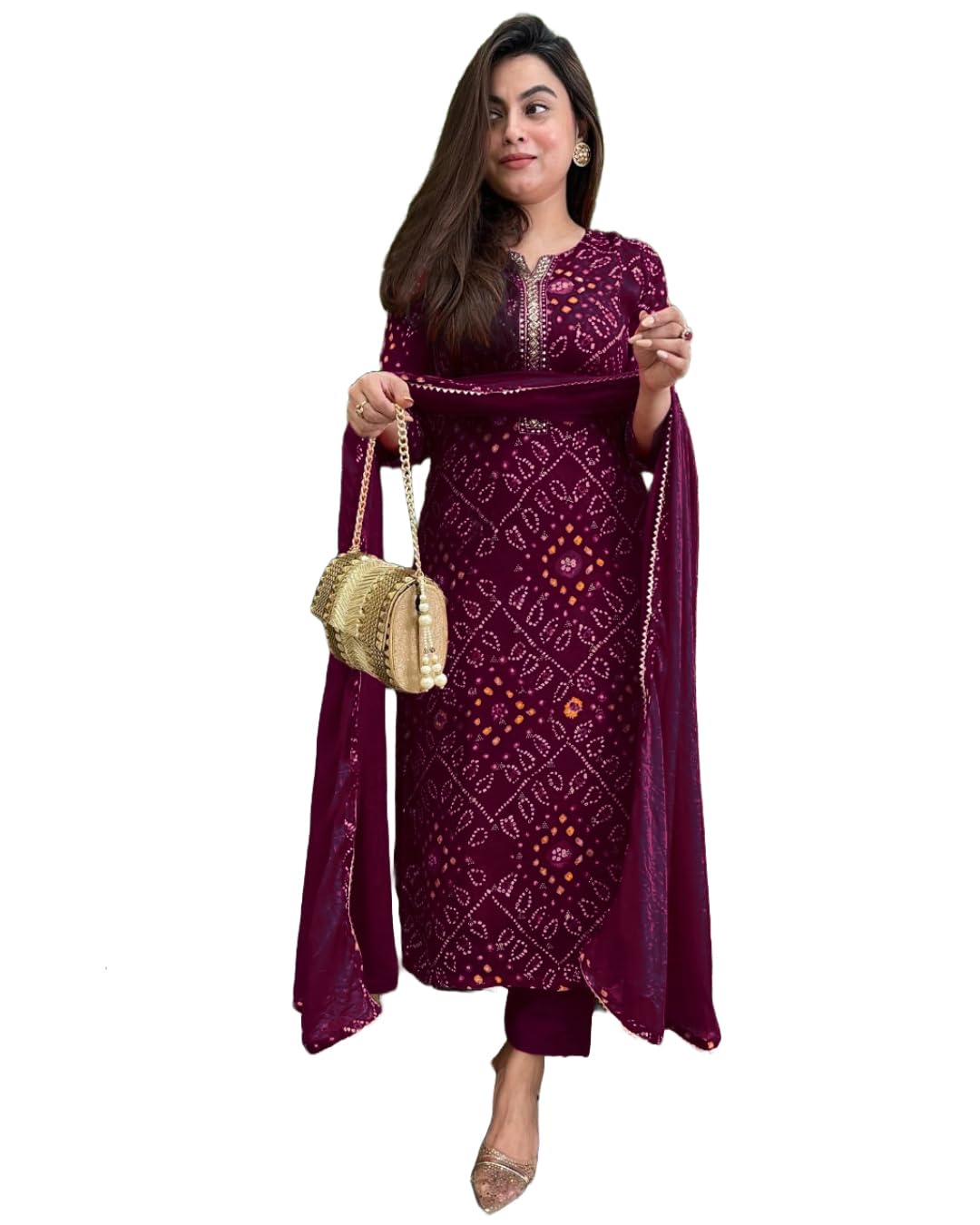 Anni Designer Women'S Rayon Blend Straight Bandhej Printed Kurta With Pant & Dupatta (Turae Wine-Vks01_S_Wine_Small),Wine,S