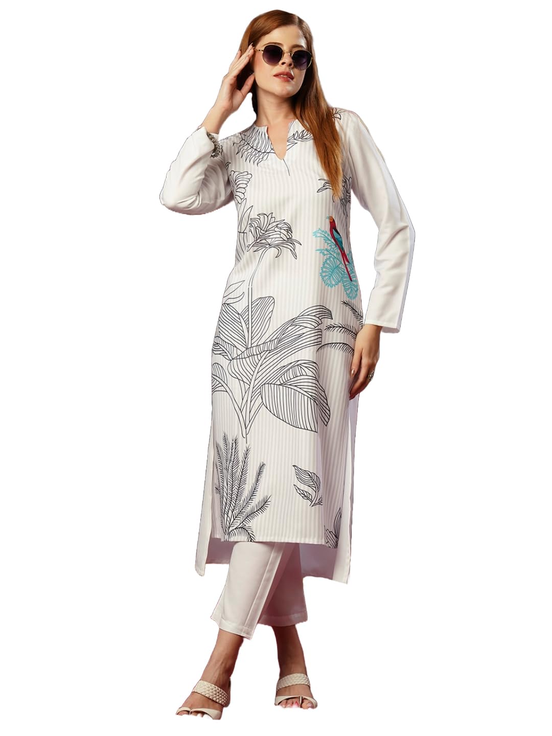 Anni Designer Women'S Cotton Blend Straight Printed Kurta With Pant (Nabhita White-Jl_S_White_Small),White,S,,,