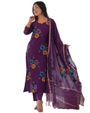 Gosriki Women'S Chanderi Cotton Straight Printed Kurta With Pant & Dupatta (Tank Violet-Kbv-Gs_M_Violet_Medium),Violet,,B0CNLXY5CW
