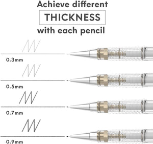 MozArt Mechanical Pencil Set with Case - 4 Sizes: 0.3, 0.5, 0.7 & 0.9mm with 30 HB Lead Refills Each & 4 Eraser Refills -Sketch,