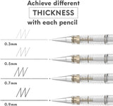 MozArt Mechanical Pencil Set with Case - 4 Sizes: 0.3, 0.5, 0.7 & 0.9mm with 30 HB Lead Refills Each & 4 Eraser Refills -Sketch,